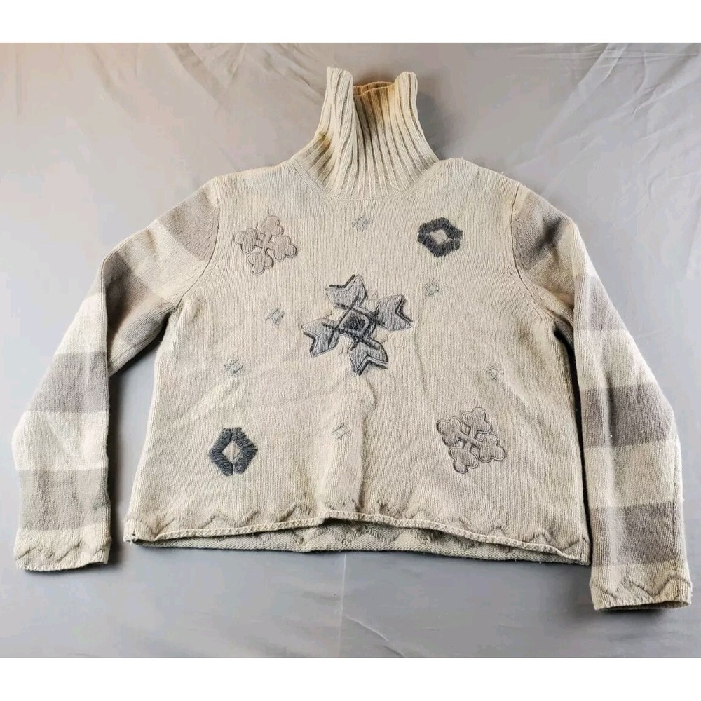 Vintage Eddie Bauer Sweater Womens XL Beige Lambswool Knit Snowflake Turtleneck